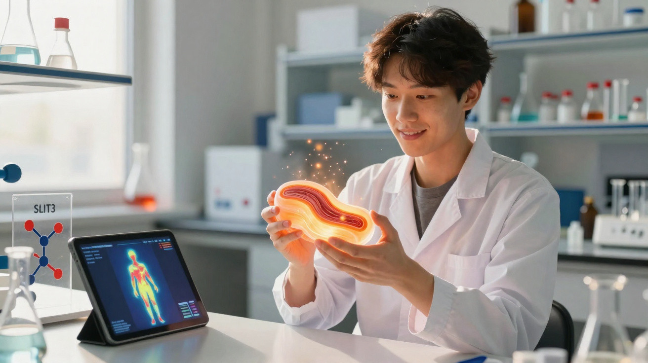 Junger Wissenschaftler im Labor untersucht leuchtendes abstraktes Molekülmodell mit Tablet und chemischen Geräten.