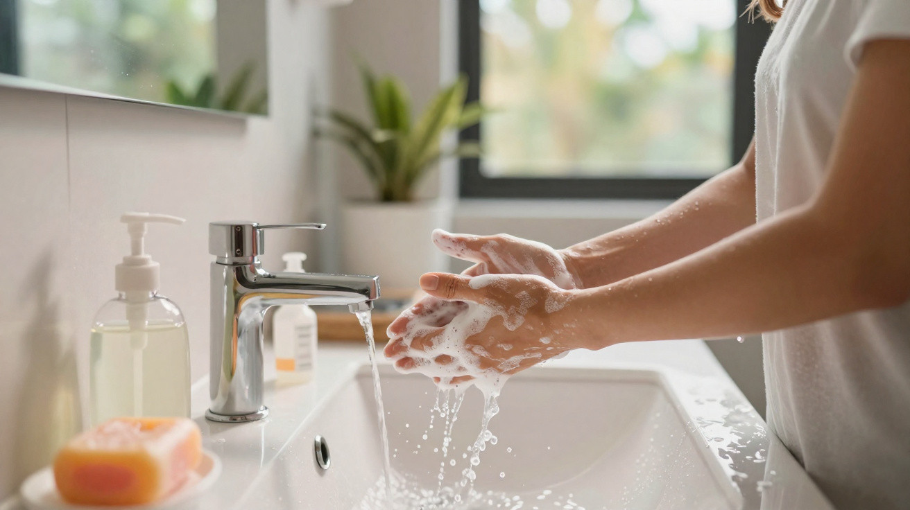 Person wäscht sich die Hände mit Seife am Waschbecken vor einem Fenster im Badezimmer.