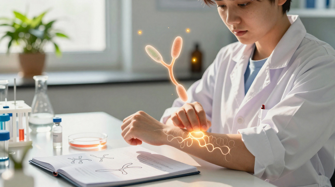 Wissenschaftler im Labor mit futuristischer holografischer Darstellung von Mikroben auf dem Unterarm.