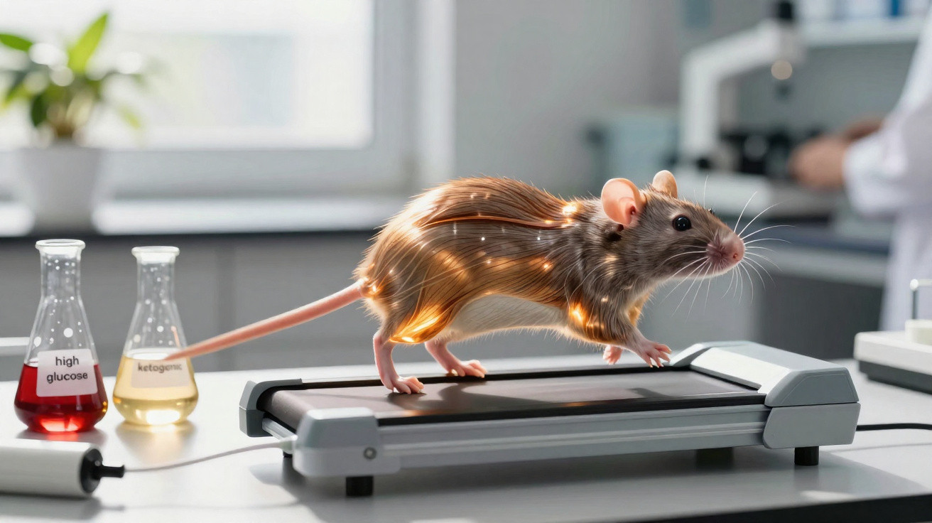 Laborratte auf einem Mini-Laufband zur medizinischen Forschung mit Glaskolben im Hintergrund.