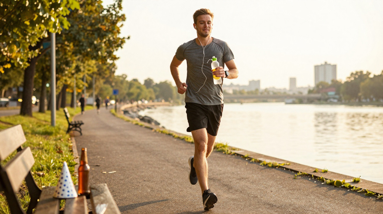 Junger Mann joggt mit Sportbekleidung und Wasserflasche an einem Flussufer im Sonnenschein.