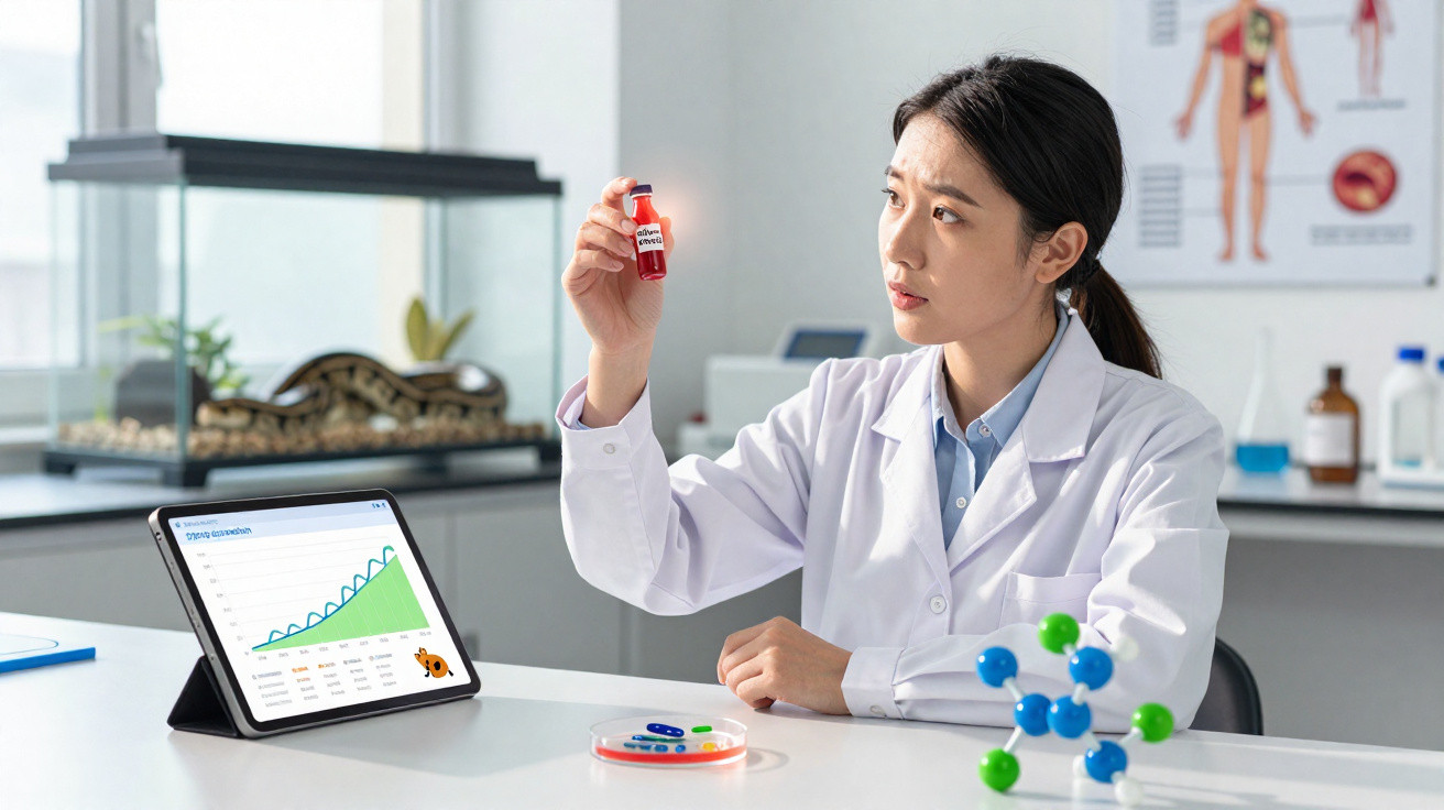 Wissenschaftlerin im Labor untersucht Impfstofffläschchen, Tablet mit Wachstumskurve neben ihr auf dem Tisch.