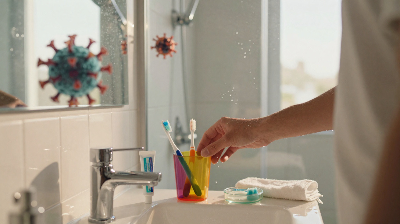Hand greift nach Zahnbürsten im Becher im Badezimmer, Virensymbole sind auf Spiegel zu sehen.