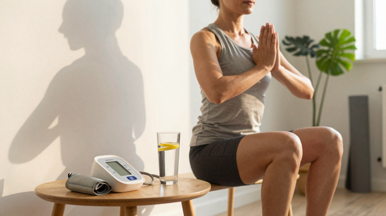 Frau sitzt im Yoga-Pose, neben Tisch mit Blutdruckmessgerät und Glas Wasser mit Zitrone.