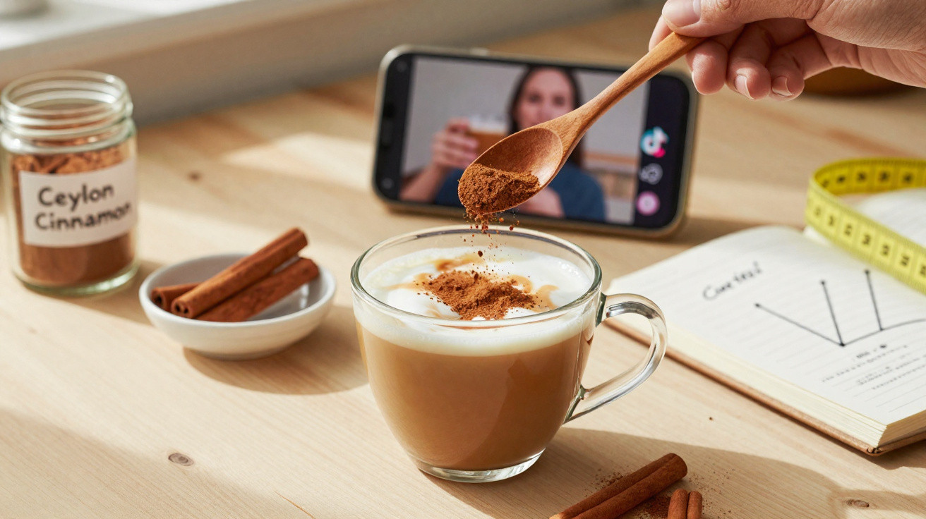 Hand streut Zimt auf Latte Macchiato, Handy mit Videoanleitung im Hintergrund, Zimtstangen und Maßband auf Tisch.