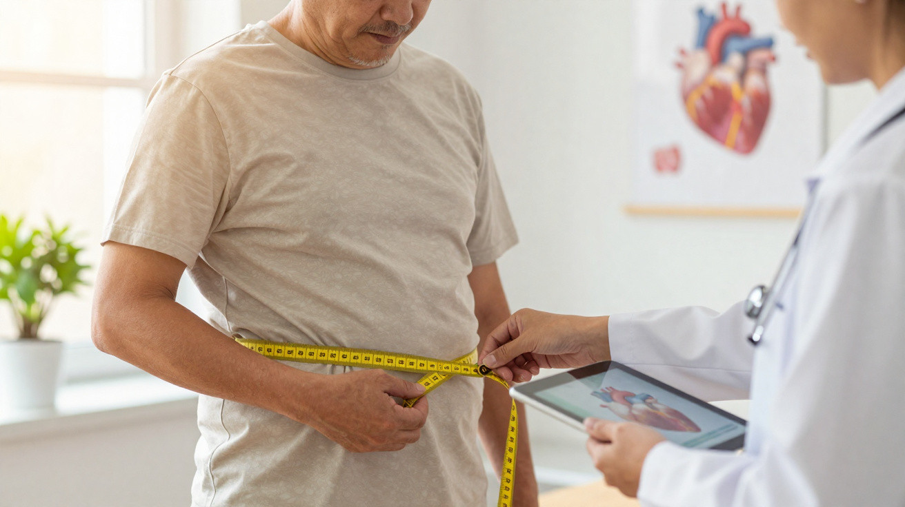 Arzt misst Bauchumfang bei übergewichtiger männlicher Patientin in Praxis mit Herzdiagramm im Hintergrund.