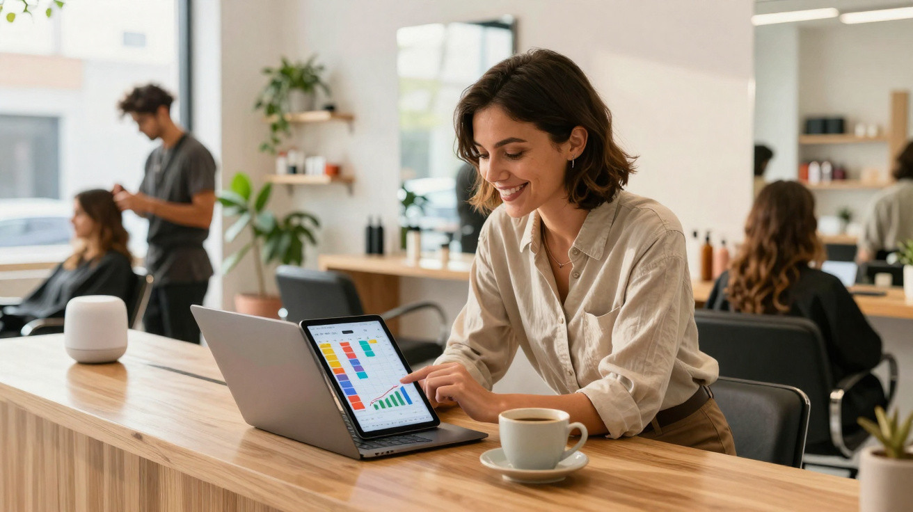 Frau arbeitet mit Tablet und Laptop im Café, im Hintergrund Friseur und Kundinnen sichtbar.