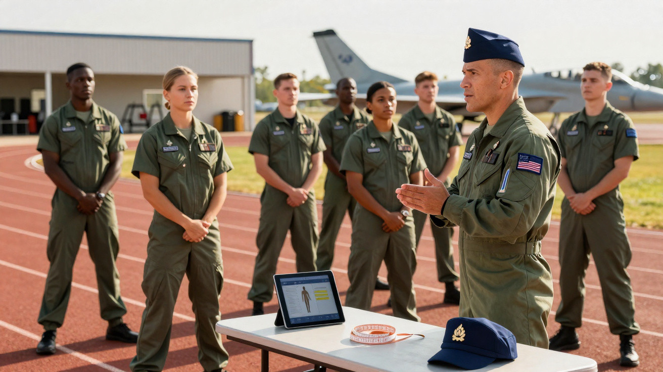 Militärische Ausbildung auf der Laufbahn, ein Ausbilder spricht vor einer Gruppe von Soldaten in Uniform.