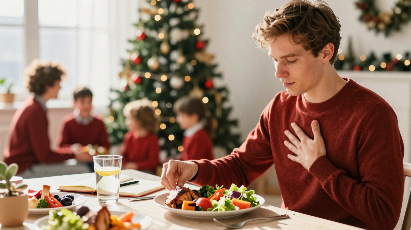 Junger Mann sitzt am festlich gedeckten Tisch mit gesundem Essen, Weihnachtsbaum und Familie im Hintergrund.