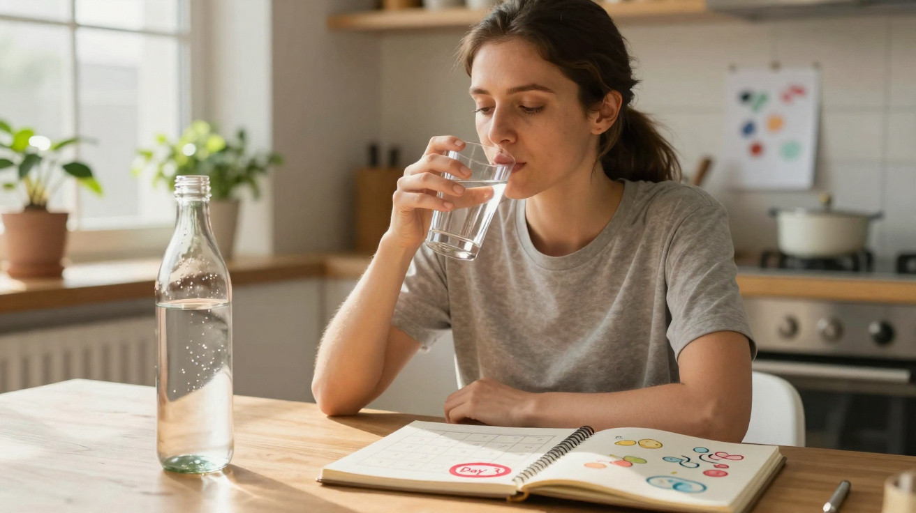 Frau trinkt Wasser aus Glas am Küchentisch mit geöffnetem Kalender und Flasche Wasser daneben.
