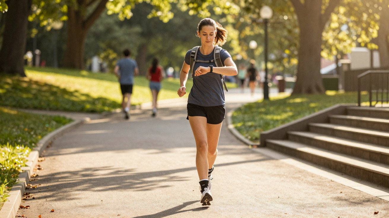 Frau joggt im Park und schaut auf ihre Smartwatch bei sonnigem Wetter und Bäumen im Hintergrund.