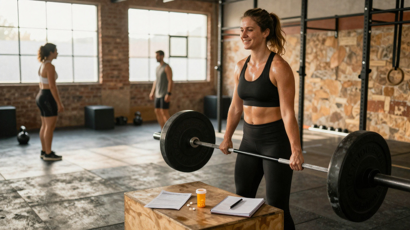 Frau hebt Langhantel im Fitnessstudio, im Hintergrund zwei weitere Personen trainieren.