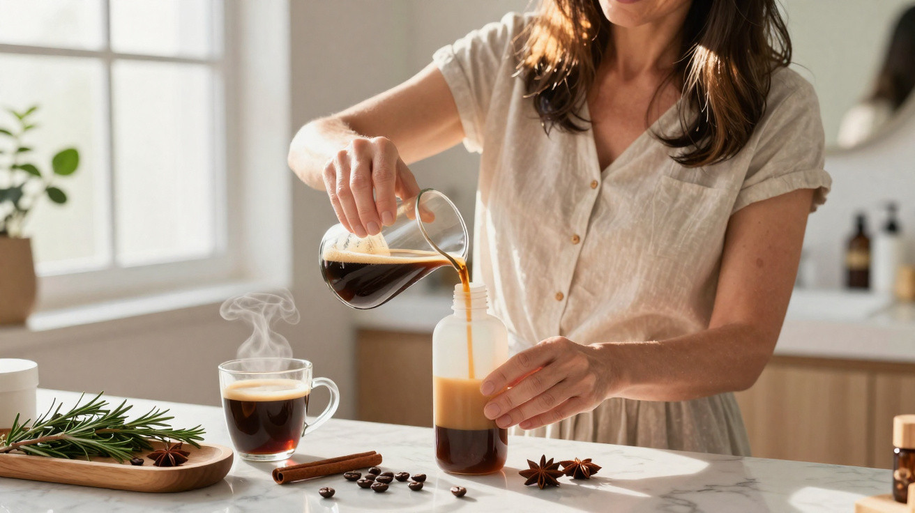 Frau füllt frisch gebrühten Kaffee in eine Flasche, umgeben von Kaffeebohnen, Gewürzen und dampfender Tasse.