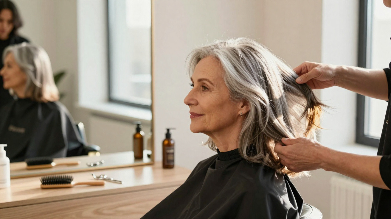 Ältere Frau mit grauem Haar wird im Friseursalon von einem Frisör gestylt, Spiegel im Hintergrund.