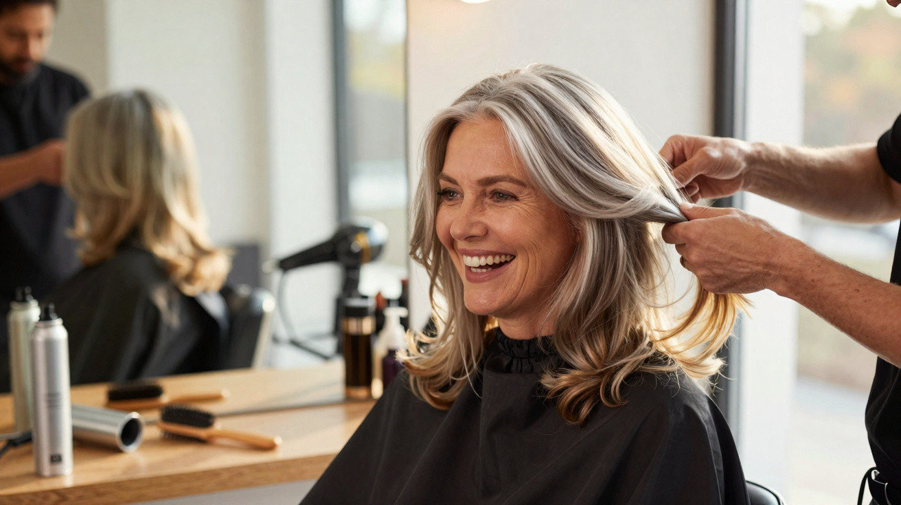 Ältere Frau mit grauen Haaren lächelt beim Friseur, während ihre Haare gestylt werden.