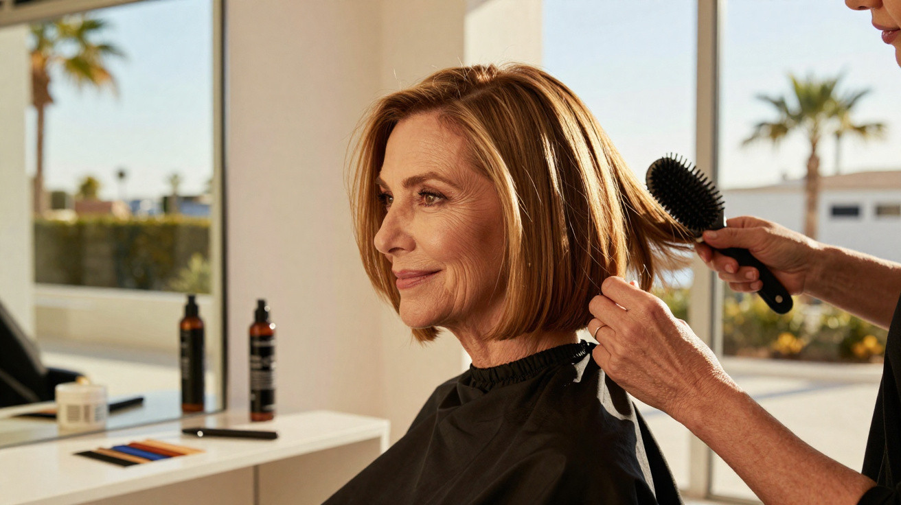 Frau mit kurzem, blondem Haar wird im Friseursalon von einem Friseur gekämmt.