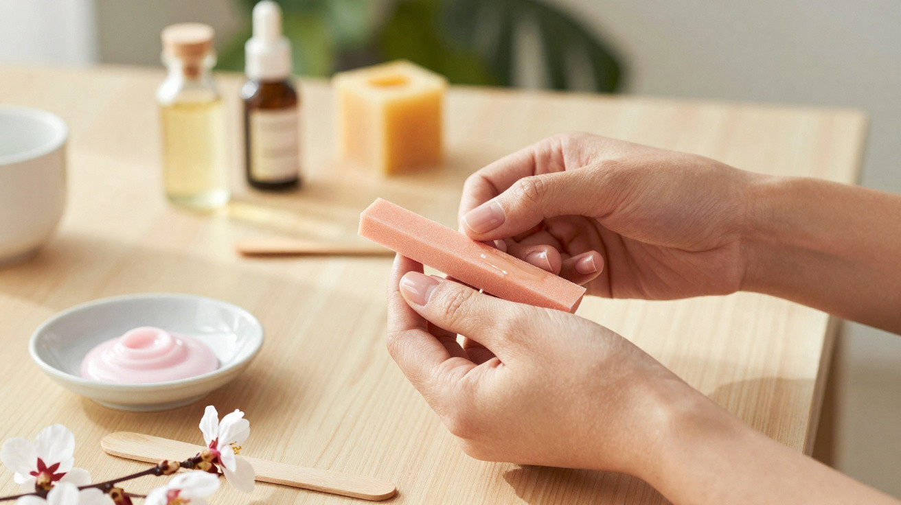 Person feilt Fingernägel mit orangener Nagelfeile, umgeben von Nagelpflegeprodukten auf hellem Tisch.